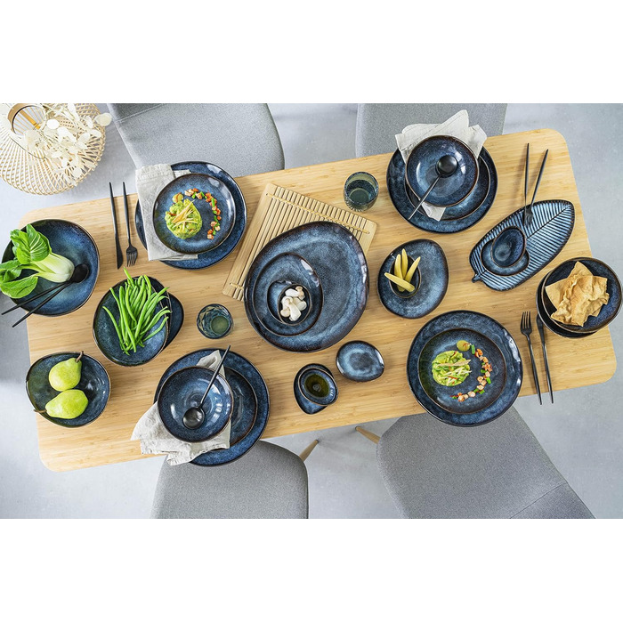 СПІВАЧКА Набір тарілок Токіо 12 шт. , Набір посуду 4 персони, Посуд Столовий посуд, Столовий сервіз в т.ч. Обідня тарілка, Тарілка для торта & Bowl, Вечеря, Обідній сервіз темно-синій з чорними вставками (Тарілка для подачі )