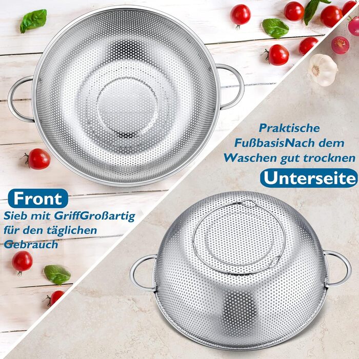 Набор дуршлагов Herogo из 3 шт., кухонный дуршлаг из нержавеющей стали с ручками, микроперфорированное ситечко для капель, металлический кухонный дуршлаг для слива и тренировочной лапши, рис, фрукты, овощи, можно мыть в посудомоечной машине, 16 см / 22 см