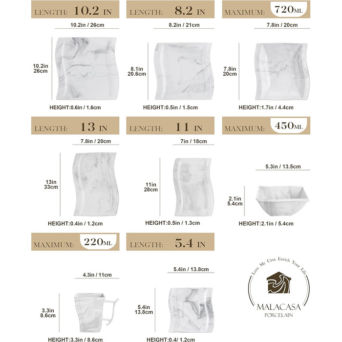 Серія Flora, 30 шт. Мармуровий порцеляновий набір посуду комбінований столовий сервіз з 6 кавовими чашками, 6 блюдцями, 6 десертними тарілками, 6 суповими тарілками та 6 плоскими тарілками (сірий, 56 шт. мармуровий посуд)