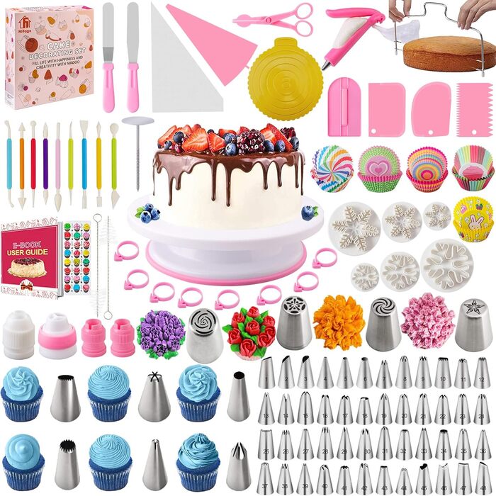 Набір аксесуарів для торта Nifogo, 301 предмет, аксесуари для випічки, аксесуари для декорування тортів з обертовою підставкою, кондитерський мішок, кондитерські насадки, шпатель для початківців (рожевий)