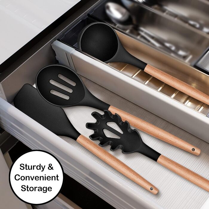 Набір кухонного посуду Herogo, набір силіконового кухонного посуду з 6 предметів, посуд для ложки з антипригарним шпателем з дерев'яною ручкою, термостійкі кухонні інструменти для посуду з антипригарним покриттям, легко чиститься чорний 6