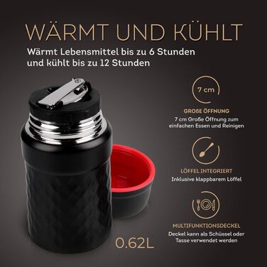 Мл термоконтейнер для їжі, ізольований харчовий контейнер з нержавіючої сталі, без бісфенолу А, герметичний з ложкою, ідеально підходить для супів, закусок і в дорозі (500 мл білий/чорний) (620 мл червоний/чорний), 2i 500