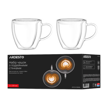 ARDESTO Набор чашек с ручками и двойными стенками, 330мл, 2шт, боросиликатное стекло, прозрачное