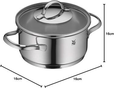 Набір індукційних каструль WMF Aparto Advantage Pot Set зі скляною кришкою, полірована нержавіюча сталь Cromargan, без покриття, можна мити в посудомийній машині (набір каструль) (16 см)