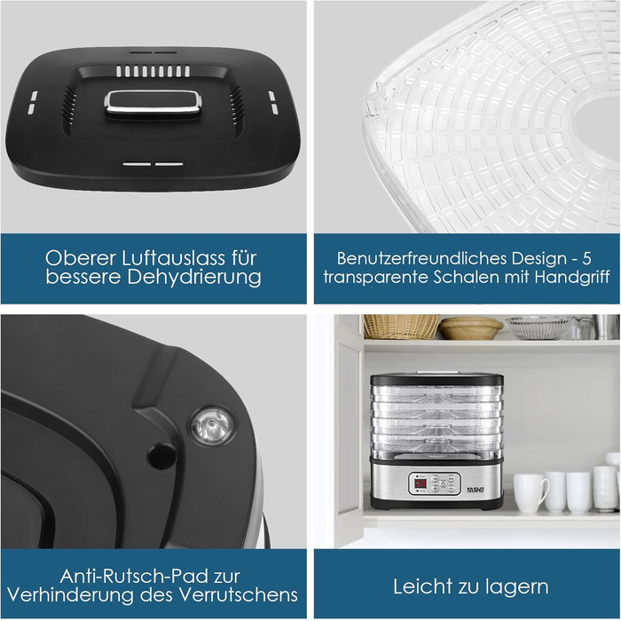 Дегідратор на 5 полиць з електронним керуванням 240 Вт, чорний YASHE