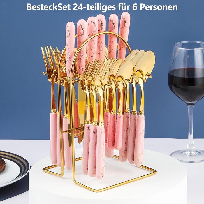 Набір столових приборів з 24 предметів, на 6 осіб, рожевий Justup