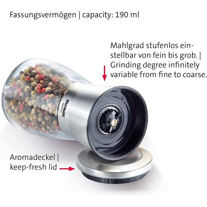 Дисплей Westmark, Вміст 6 дозаторів, Ємність 190 мл кожен, Скло/Нержавіюча сталь/Пластик, Прозорий/Чорний/Сріблястий, 63592611 (Млин для спецій, 2 шт. и, Прозорий/Сріблястий/Чорний)