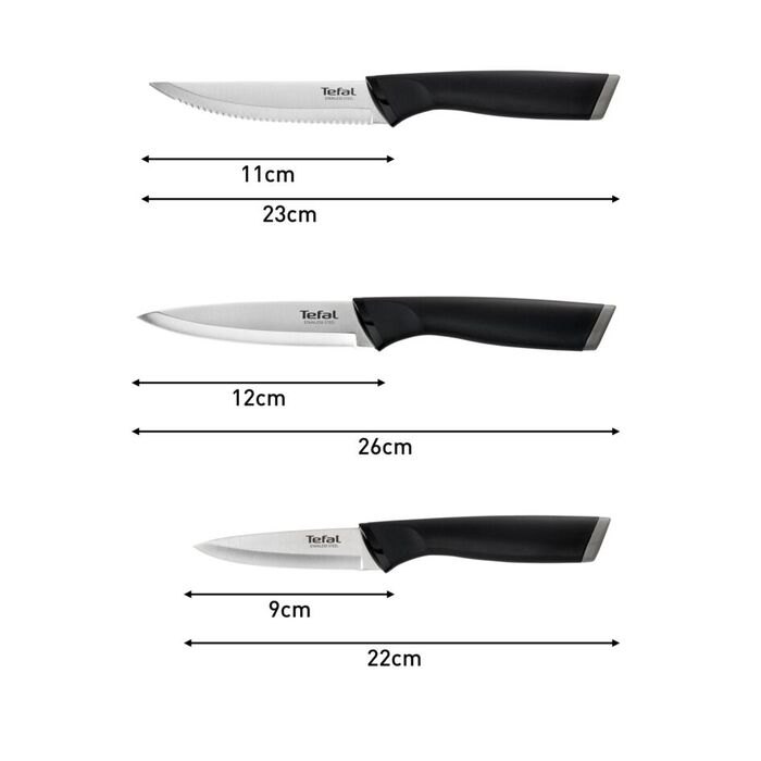 Tefal Набор ножей Essential, 3шт, нержавеющая сталь, пластик, черный, нержавеющая сталь, пластик