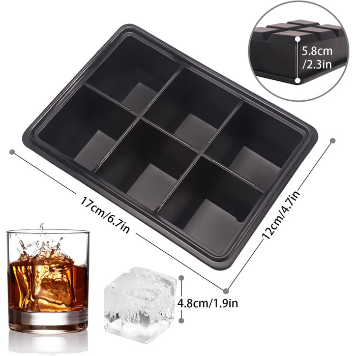 Форма для льоду LessMo XXL, 3 шт., силіконова форма для льоду на 18 отворів з кришкою, великі кубики льоду 4,8 см, штабельовані та придатні для миття в посудомийній машині, без BPA для пива, коктейлів, віскі (2 шт. чорного кольору)