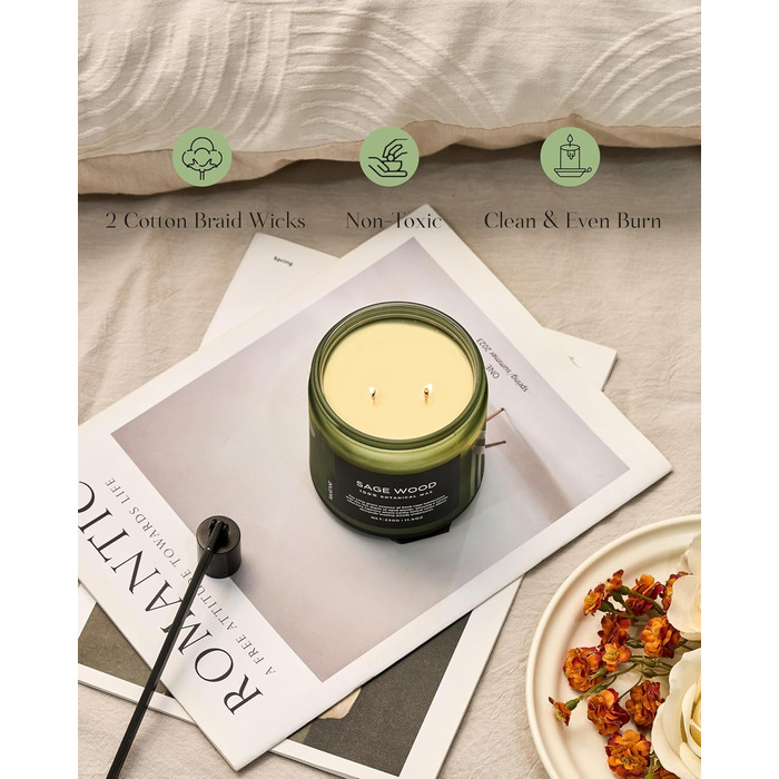 Ароматичні свічки M&SENSE з кавою у скляній банці з 2 гнітами 330 г, час горіння 70 годин, свічка з натурального соєвого воску для спальні, кухні, декору дому, подарункова свічка для чоловіків та жінок, смажена кава (шавлія)