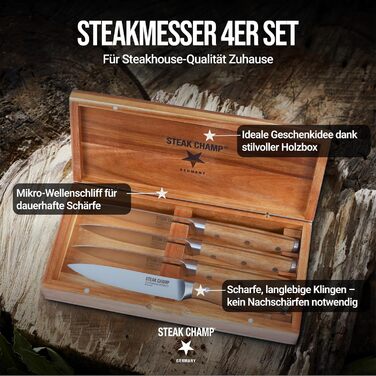 Вилка та ніж для стейка для м&39яса Steakchamp, 2 х 2 шт. виделки та ножі із сталевого леза, з мікрохвильовим помелом, набір з 4 шт., включаючи дерев&39яну коробку