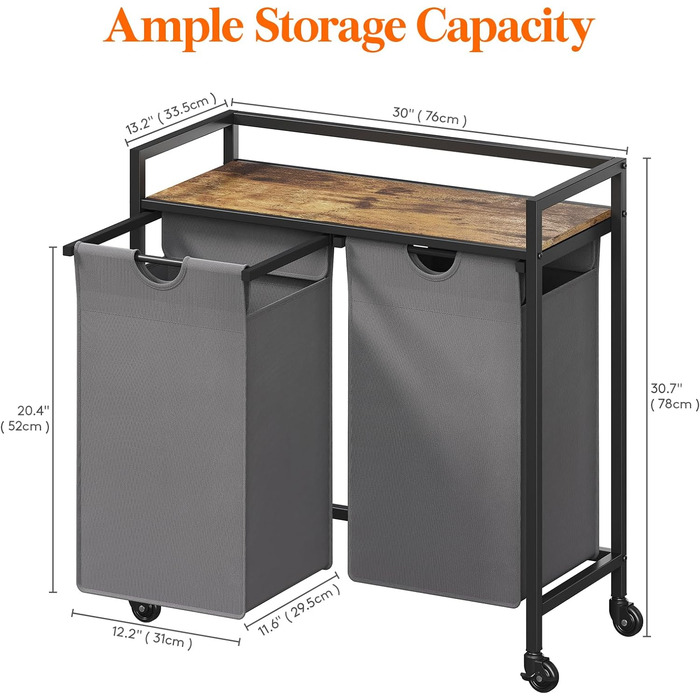Сворачиваемая корзина для белья Lifewit, 95 л 2 выдвижные корзины для белья с верхней полкой и 2 семными сумками и ручками, сортировщик белья для прачечной, спальни, спальни, ванной комнаты и общежития, черный (76x33,5x78 см, деревенский коричневый серый)