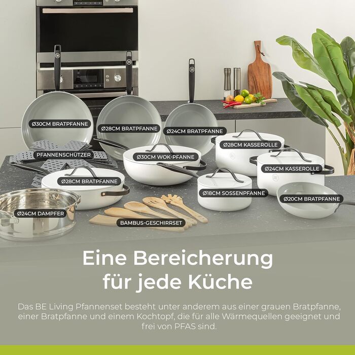 Каструля Be Living Essential з кришкою Ø 28 см з кришкою, антипригарна кераміка, індукційна, без PTFE та PFOA, (7 літрів, біла)