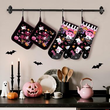 Різдвяний набір із 2 рукавичок для духовки та прихваток Arquiel, 100 бавовняні кулінарні рукавички, термостійкі кухонні рукавички для приготування їжі, різдвяні подарунки на кухню для жінок (Хелловін 01, рукавички для духовки*2 прихватки*2)