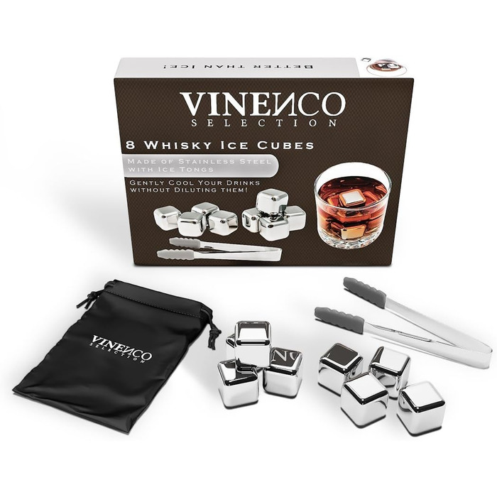 Набір каменів для віскі - 8 багаторазових кубиків льоду, щипці, тканинний мішок, VINENCO