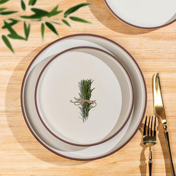 Набір посуду LeRatio для 6 осіб, 18-предметний набір керамічного посуду, керамічна миска та тарілка, стійкі до подряпин (18 предметів, перлинно-біло-коричневий обідок)