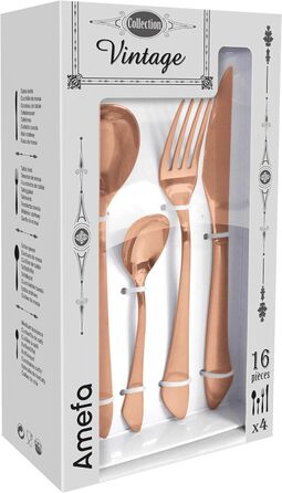 Набір столових приборів Amefa INSTINCT 4 персони Столові прибори PVD матові у вінтажному стилі Набір столових приборів 4 персони нержавіюча сталь 18/0 матова 4 шт. столова виделка, столовий ніж, столова ложка та чайна ложка (мідь, 16 шт. )