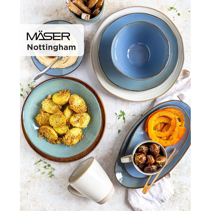 Серія Ноттінгем, вінтажний набір посуду на 4 персони, комбінований сервіз з 20 предметів з неправильними круглими формами в стилі ретро, керамограніт, бірюзово-зелений