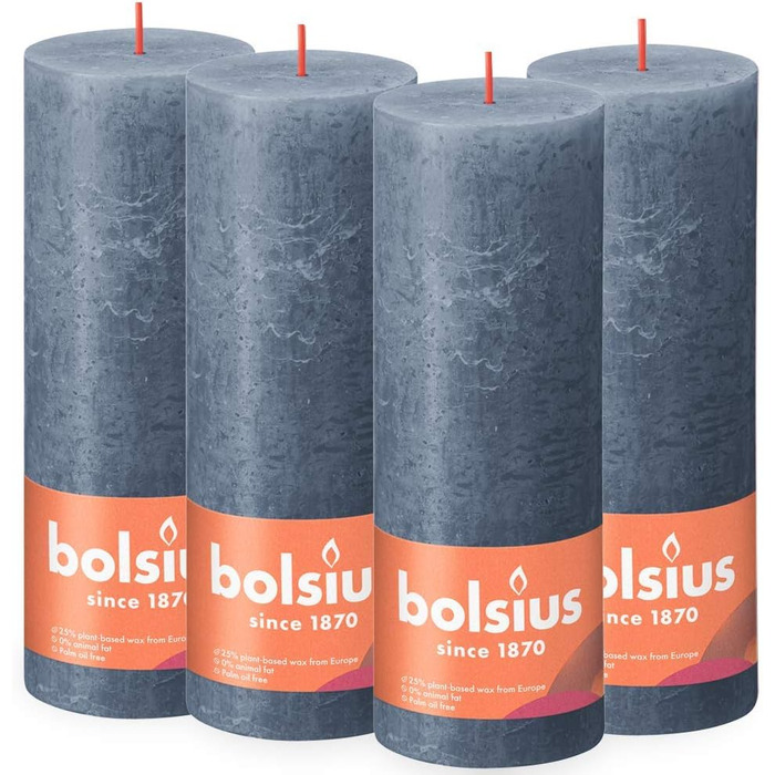 Свічки Bolsius Rustic Pillar - Оливково-зелені - Набір з 4 шт. - Декоративні побутові свічки - Час горіння 60 годин - Без запаху - Натуральний рослинний віск - Без пальмової олії - Оливково-зелені (19 x 7 см, темно-сині)