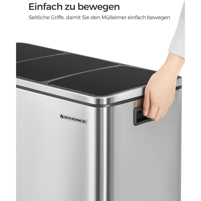 Кухонний контейнер для сміття SONGMICS, 3 x 18 л, система розділення сміття з 3 відділеннями, включаючи 15 мішків для сміття, відро для сміття, відро для сміття на педалі, для перероблених відходів, органічних відходів, з кришкою, LTB54BK (сріблястий мета