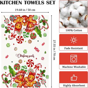 Набір із 4 кухонних рушників Arquiel, зимові різдвяні ялинки, декоративні різдвяні кухонні рушники, 100 бавовняні, абсорбуючі, подарунок на свята, новосілля, 48 см x 70 см (імбирний пряник, 48 см x 70 см, набір із 4 шт.)