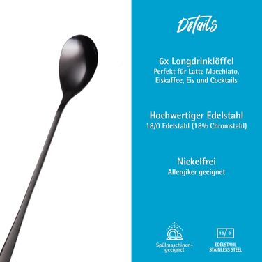 Набір ложок GRWE для лате макіато, золотистий, 6 предметів, 22 см, довгі ложки, ложки для коктейлів, десертні ложки, ложки для морозива, ложки для кави з льодом, нержавіюча сталь, можна мити в посудомийній машині (чорний)