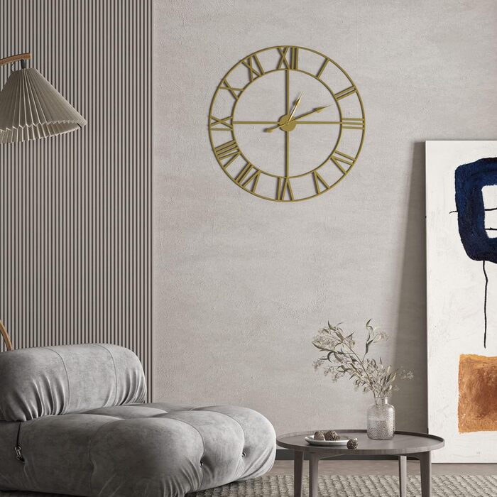 Великий вінтажний круглий металевий настінний годинник безшумний нецокаючий, що працює на батарейках, 40 см, 16 дюймів, римські цифри, годинники для вітальні, спальні, кухні, настінний годинник, прикраса (золотий, 60 см)