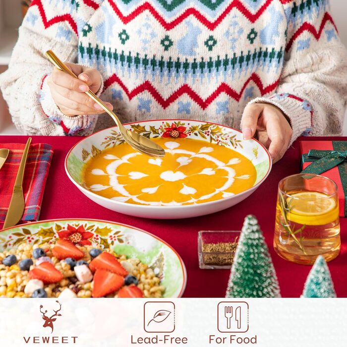 Серія 30-предметний порцеляновий різдвяний набір посуду на 6 осіб, різдвяний кавовий сервіз на 6 обідніх тарілок, 6 десертних тарілок, 6 супових тарілок, 6 кавових чашок та 6 блюдець (різдвяна тарілка для пасти на 4 предмети)