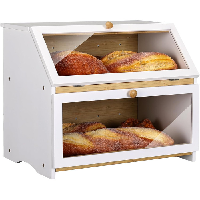 Хлібниця Leader Accessories з бамбука, 2-ярусна, для хліба, безпечна для зберігання хліба, легкий догляд, 39x25x32 см, чорна (39x25x32 см/15,3&39x9,8&39x12,6&39) (біла (39x25x32 см/15,3&39x9,8&39x12,6&39))