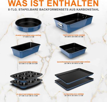 Набір форм для випічки NutriChef - Набір із 8 антипригарних форм для випічки - Без PFOA, PFOS, PTFE, придатний для використання в духовці до 232C - Кругла форма для випічки, форма для хліба, форма для мафінів та деко, придатний для миття в посудомийній ма