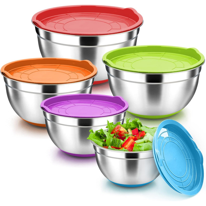 Миска для змішування Herogo, набір салатників з нержавіючої сталі з кришкою та нековзною силіконовою основою, набір металевих мисок для випічки, нержавіючої та посудомийної машини (4,/2,7/1,/1,2/0,7 л) (барвистий, 5)