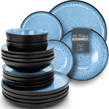 Керамогранітна глибока тарілка ТЕСТ ДУЖЕ ХОРОШИЙ Серія Ibiza Тарілки для макаронів Noble, тарілки для супу Deep стильні тарілки для пасти 6 персон - Набір посуду 6 персон, обідні тарілки, набір посуду Black With (набір із 48 предметів, темно-синій), 6 шт.