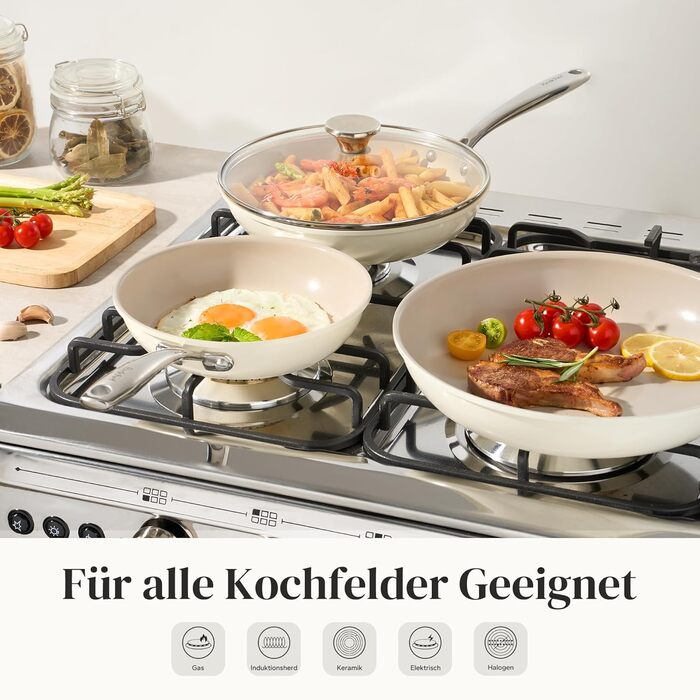 Набор индукционных сковородок со стеклянными крышками, 6 предметов 20, 24, 28 см, бежевый Redchef