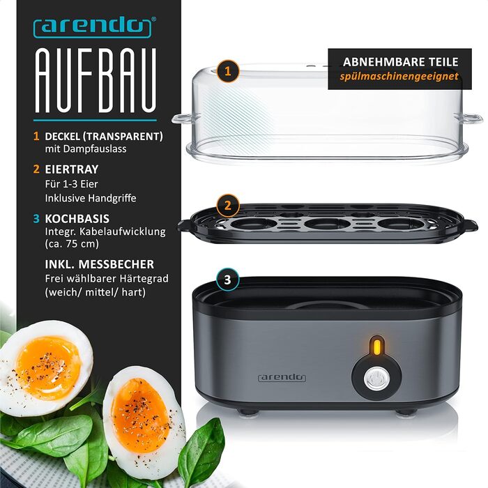 Яйцеварка - 1-3 яйця, 210 Вт, Arendo