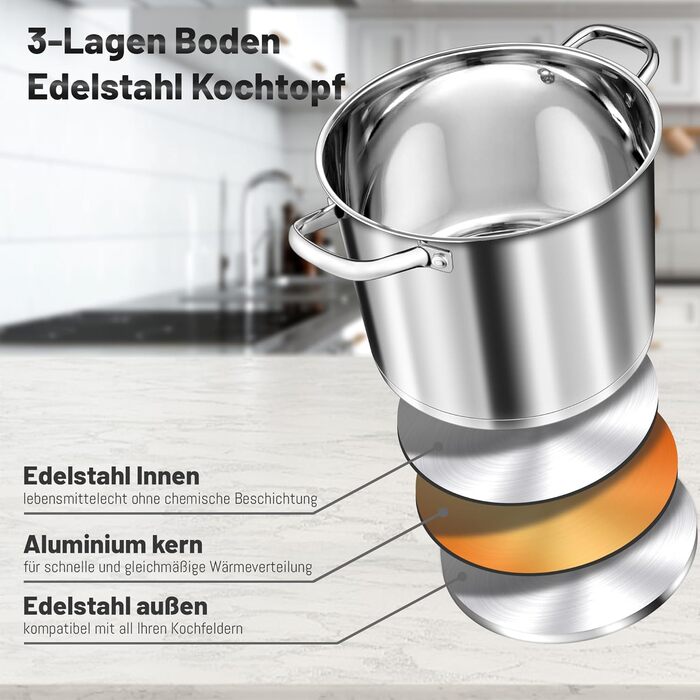 Велика каструля TEAMFAR, каструля з нержавіючої сталі, індукційна плита, скляна кришка, 3-шарове дно для всіх типів плит, каструля для пасти 26 см, каструля для м&39яса, без покриття та нетоксична, можна мити в посудомийній машині (10 літрів)