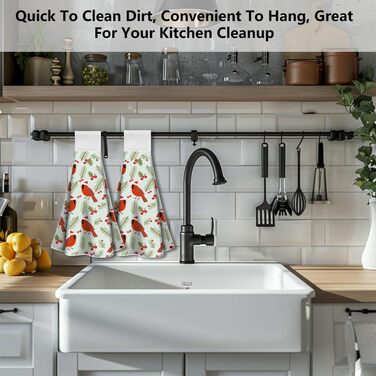 Набор из 2 рождественских кухонных полотенец 31,5 x 34,5 см с подвесной петлей, Рождественские птички WADORN