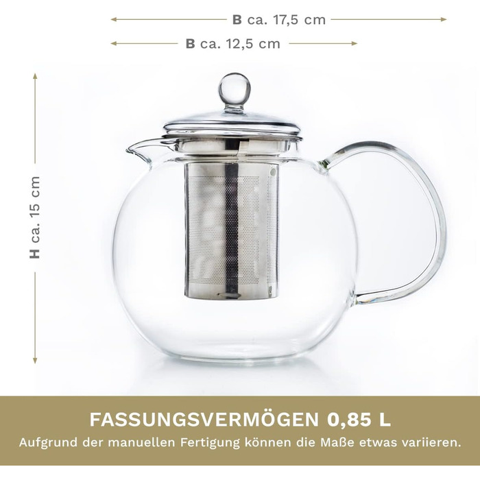 Скляний чайник Creano 1,3 л, скляний чайник із 3 частин із вбудованим ситечком з нержавіючої сталі та скляною кришкою, ідеально підходить для приготування розсипних чаїв, без крапель, все в одному (0,85 л тепліше)