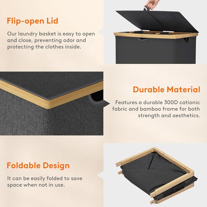 Подвійна корзина для білизни Lifewit 150 л з кришкою, дуже великий бамбуковий кошик для білизни Кошик для брудного одягу чорний