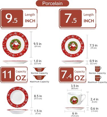 Серія 30-предметний порцеляновий різдвяний набір посуду на 6 осіб, різдвяний кавовий сервіз на 6 обідніх тарілок, 6 десертних тарілок, 6 супових тарілок, 6 кавових чашок та 6 блюдець (Санта Клаус-1, обідній сервіз на 30 предметів)
