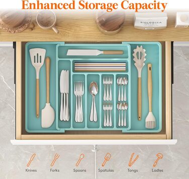 Органайзер для столових приборів 57 х 38 см для шухляд, 9 відділень, бірюзовий Lifewit