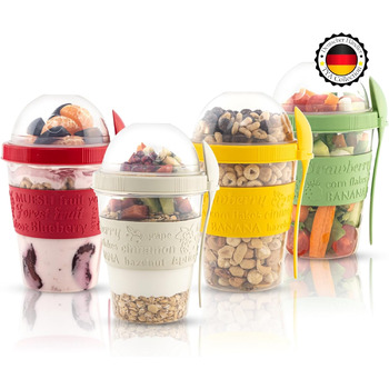 Стаканчик для пластівців TYA I з кришкою, набір з 4 стаканчиків для йогурту об&39ємом 600 мл з ложкою для сніданку, 100 БЕЗ BPA, контейнер для фруктів для вівсянки на ніч, міні-миска для пластівців, коробка для приготування їжі