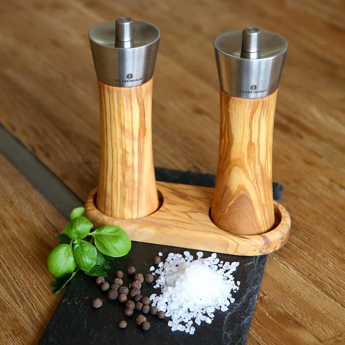 Набір Млин для солі та перцю Оливкова деревина Аугсбург 18 см з відповідною підставкою