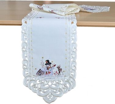 Різдвяна скатертина/доріжка HanaQi зі сніговиком та оленями, зимовий пейзаж з ажурною вишивкою, поліестер, колір екрю/крем - розмір на вибір (приблизно 38 x 108 см, овальна) (160 x 28 см (овальна))