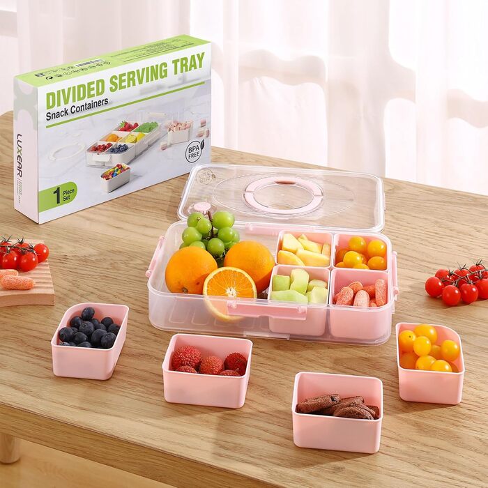 Коробка для снеків Luxear з 14 відділеннями, тарілка для снеків з кришкою та ручкою, багаторазова миска для снеків для дітей, органайзер для снеків, горіхів, фруктів, спецій, для пікніка на вечірці, можна мити в посудомийній машині, білий (рожевий, 1 комп