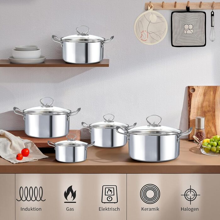 Набор из 5 кастрюль из нержавеющей стали со стеклянными крышками, светло-серебристый HOUSLUX