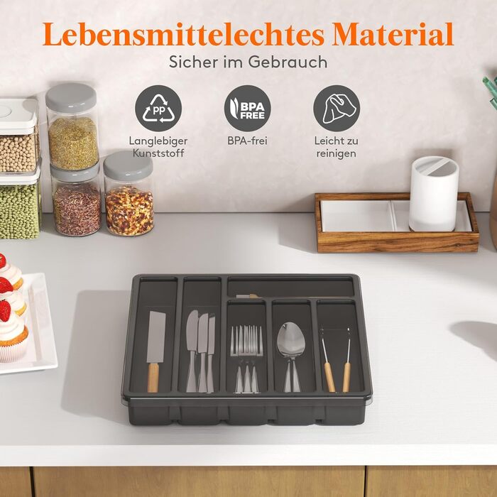 Лоток для столових приборів Lifewit з кришкою, зберігання столових приборів для кухонної шухляди та стільниці, лоток для столових приборів для пластикових ящиків для ложок, виделок, ножів, вставка, 6 відділень, (чорний)