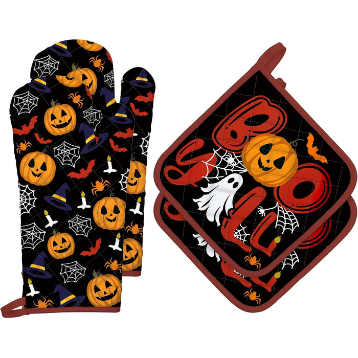 Набір з 2 кухонних рукавичок та підставок для каструль Arquiel Gnome Autumn Orange Checked, 100 бавовняні кулінарні рукавички, термостійкі кухонні рукавички для приготування їжі, осінній декор, подарунки на кухню для жінок (Хелловін, 2 кухонні рукавички 2