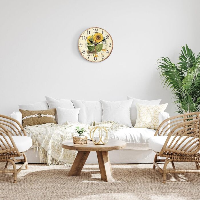 Безшумний настінний годинник Фіолетовий вінтажний, ретро дерев&39яний настінний годинник у стилі шеббі-шик Прикраса без цокання для вітальні, спальні, кухні, офісу 30 см (соняшник)