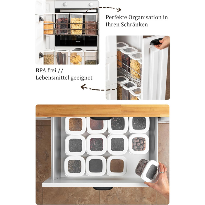 Герметичні банки для зберігання Viwares з кришками Набір з 24 контейнерів для зберігання БЕЗ БІСФЕНОЛУ А Для зберігання борошна та цукру в мюслі Практичний ящик для зберігання кухні для всіх продуктів (набір з 24 білих)