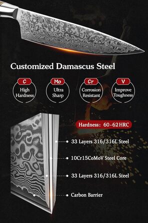 Нож поварской 21 см, дамасская сталь HEZHEN